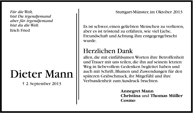  Traueranzeige für Dieter Mann vom 19.10.2013 aus Stuttgarter Zeitung / Stuttgarter Nachrichten