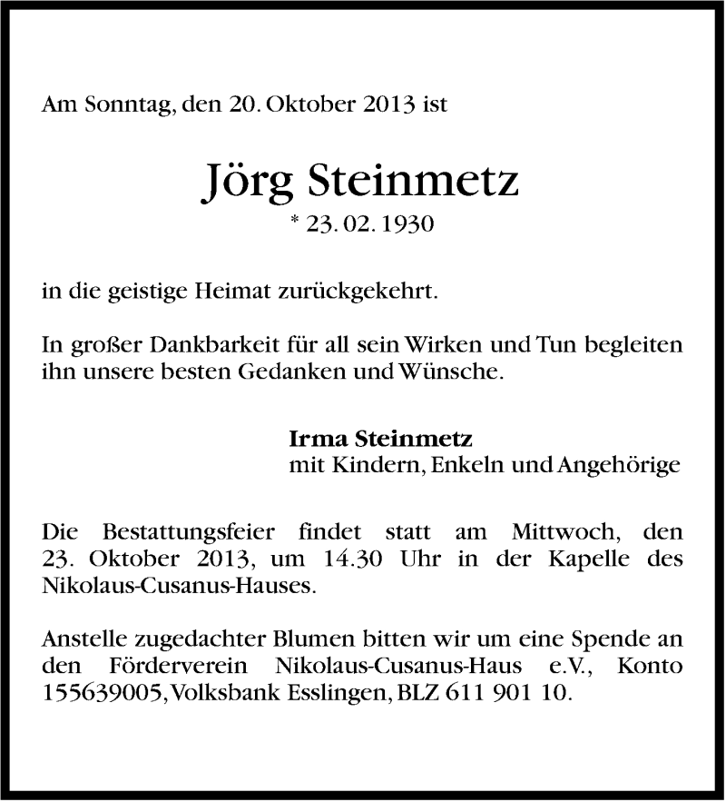 Traueranzeige für Jörg Steinmetz vom 22.10.2013 aus Stuttgarter Zeitung / Stuttgarter Nachrichten