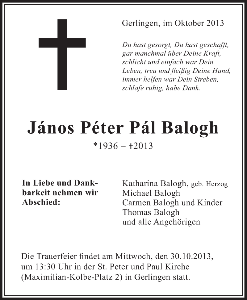  Traueranzeige für Janos Peter Pal Balogh vom 24.10.2013 aus Leonberger Kreiszeitung / Strohgäu Extra