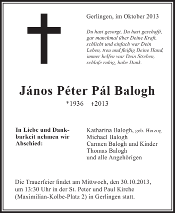 Traueranzeige von Janos Peter Pal Balogh von Leonberger Kreiszeitung / Strohgäu Extra