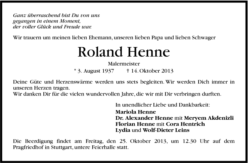  Traueranzeige für Roland Henne vom 23.10.2013 aus Stuttgarter Zeitung / Stuttgarter Nachrichten