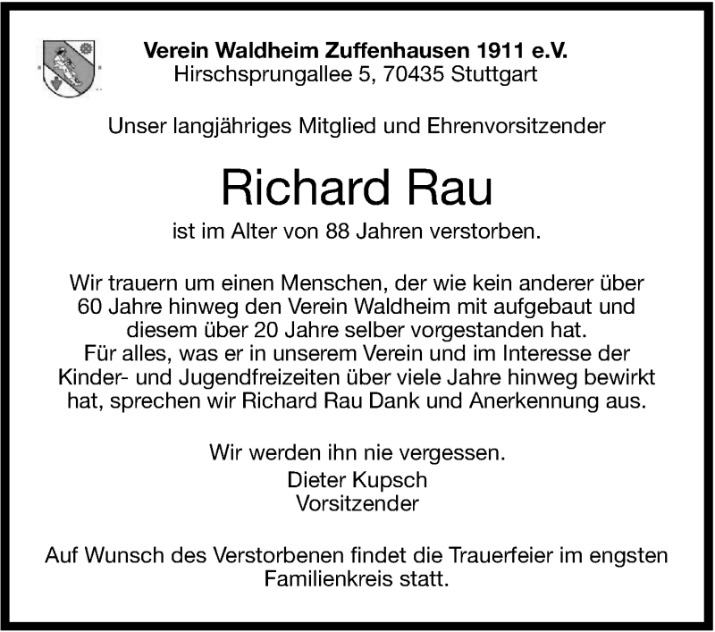  Traueranzeige für Richard Rau vom 25.10.2013 aus Stuttgarter Zeitung / Stuttgarter Nachrichten