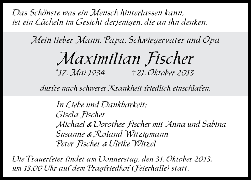  Traueranzeige für Maximilian Fischer vom 28.10.2013 aus Stuttgarter Zeitung / Stuttgarter Nachrichten