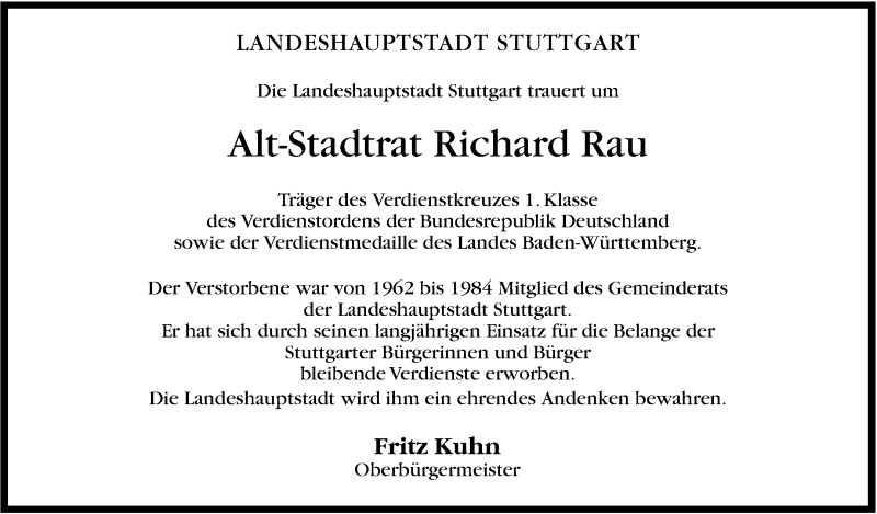  Traueranzeige für Richard Rau vom 25.10.2013 aus Stuttgarter Zeitung / Stuttgarter Nachrichten