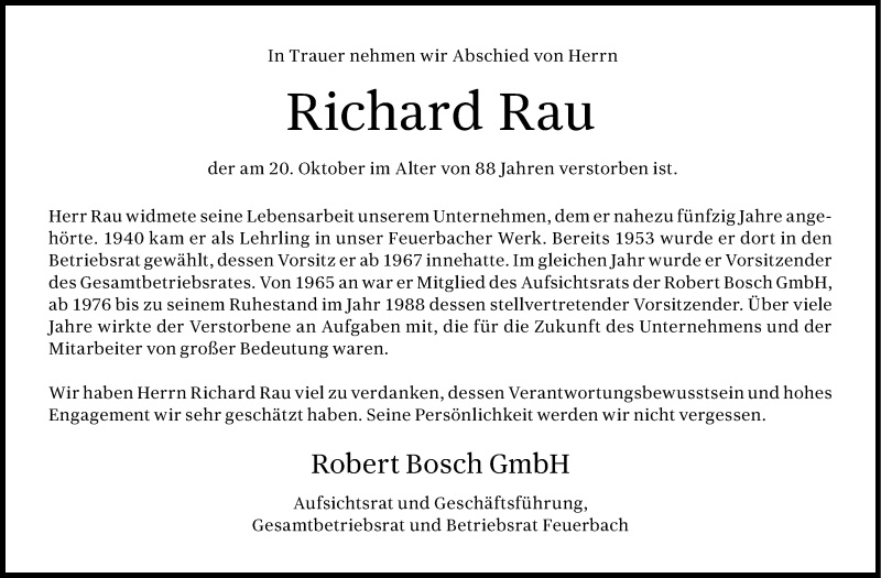  Traueranzeige für Richard Rau vom 28.10.2013 aus Stuttgarter Zeitung / Stuttgarter Nachrichten