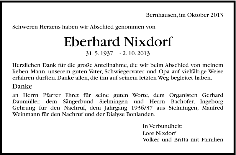  Traueranzeige für Eberhard Nixdorf vom 31.10.2013 aus Stuttgarter Zeitung / Stuttgarter Nachrichten