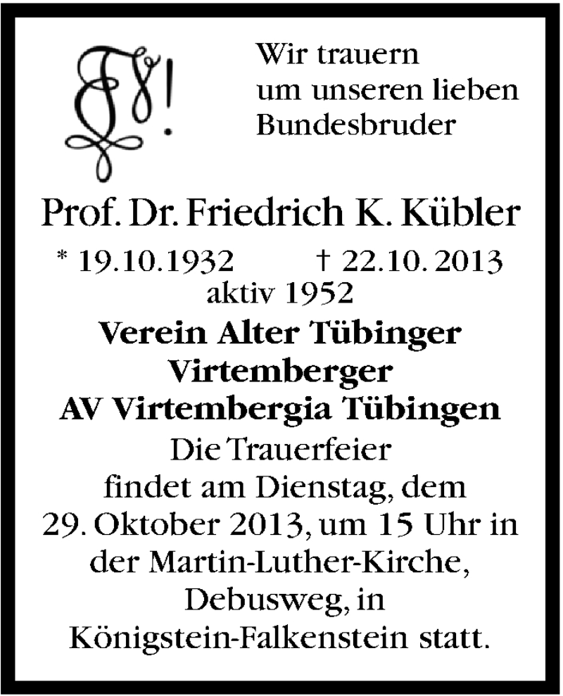  Traueranzeige für Friedrich Kübler vom 29.10.2013 aus Stuttgarter Zeitung / Stuttgarter Nachrichten
