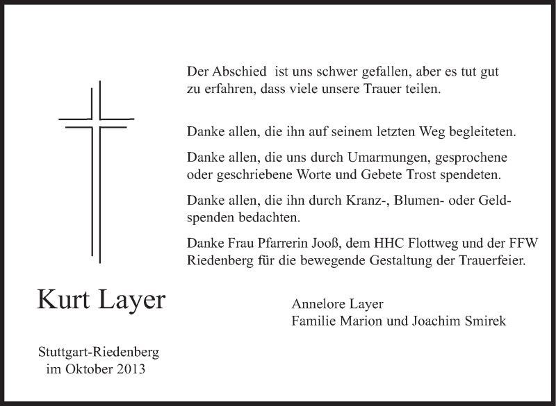  Traueranzeige für Kurt Layer vom 30.10.2013 aus Stuttgarter Zeitung / Stuttgarter Nachrichten