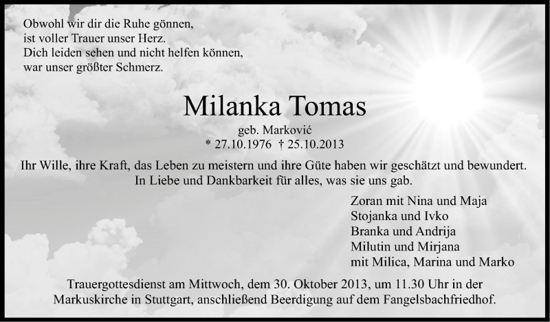  Traueranzeige für Milanka Tomas vom 29.10.2013 aus Stuttgarter Zeitung / Stuttgarter Nachrichten