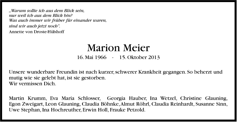  Traueranzeige für Marion Meier vom 31.10.2013 aus Stuttgarter Zeitung / Stuttgarter Nachrichten