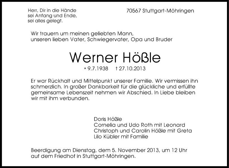  Traueranzeige für Werner Hößle vom 31.10.2013 aus Stuttgarter Zeitung / Stuttgarter Nachrichten
