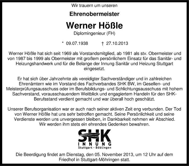  Traueranzeige für Werner Hößle vom 31.10.2013 aus Stuttgarter Zeitung / Stuttgarter Nachrichten