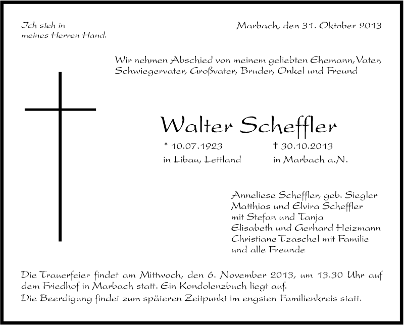  Traueranzeige für Walter Scheffler vom 02.11.2013 aus Marbacher Zeitung