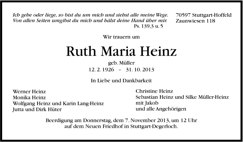  Traueranzeige für Ruth Maria Heinz vom 05.11.2013 aus Stuttgarter Zeitung / Stuttgarter Nachrichten