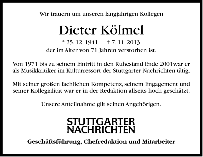 Traueranzeige für Dieter Kölmel vom 09.11.2013 aus Stuttgarter Zeitung / Stuttgarter Nachrichten