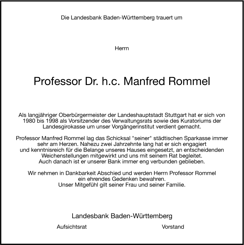  Traueranzeige für Manfred Rommel vom 09.11.2013 aus Stuttgarter Zeitung / Stuttgarter Nachrichten