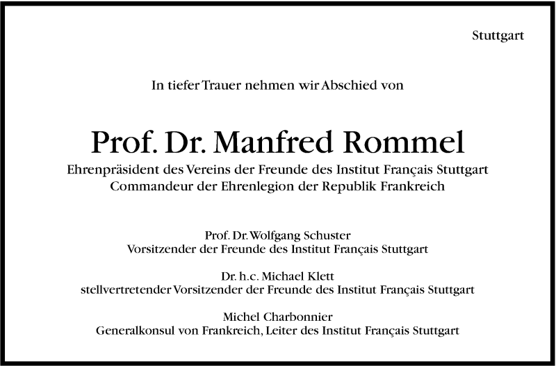  Traueranzeige für Manfred Rommel vom 09.11.2013 aus Stuttgarter Zeitung / Stuttgarter Nachrichten