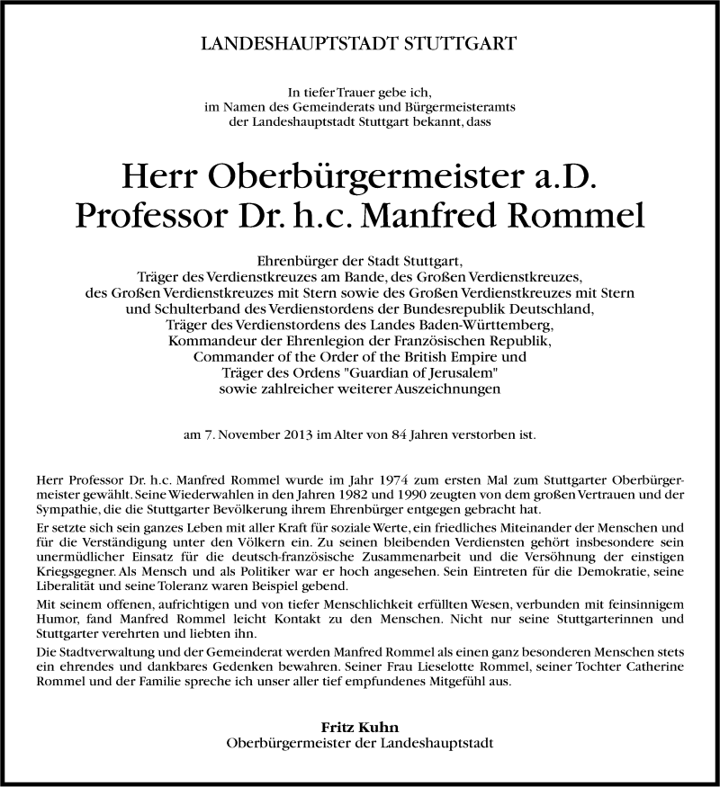  Traueranzeige für Manfred Rommel vom 09.11.2013 aus Stuttgarter Zeitung / Stuttgarter Nachrichten