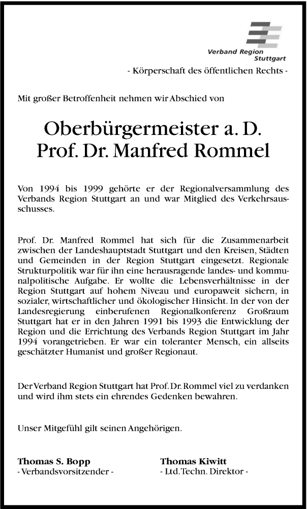  Traueranzeige für Manfred Rommel vom 09.11.2013 aus Stuttgarter Zeitung / Stuttgarter Nachrichten