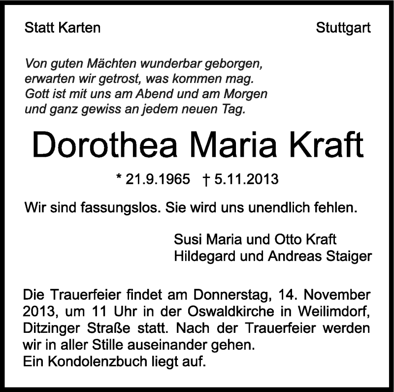  Traueranzeige für Dorothea Maria Kraft vom 12.11.2013 aus Stuttgarter Zeitung / Stuttgarter Nachrichten