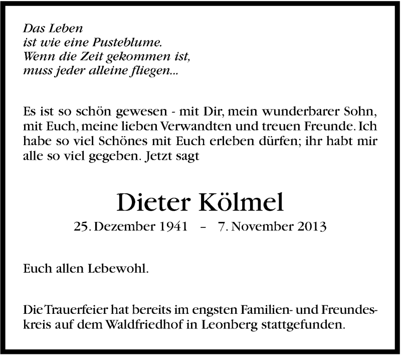  Traueranzeige für Dieter Kölmel vom 13.11.2013 aus Stuttgarter Zeitung / Stuttgarter Nachrichten