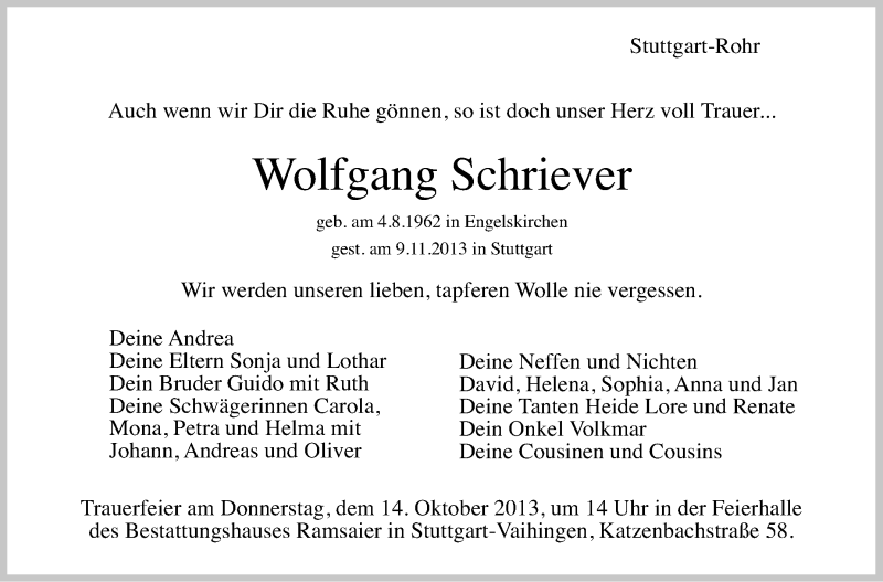 Traueranzeige für Wolfgang Schriever vom 12.11.2013 aus Stuttgarter Zeitung / Stuttgarter Nachrichten