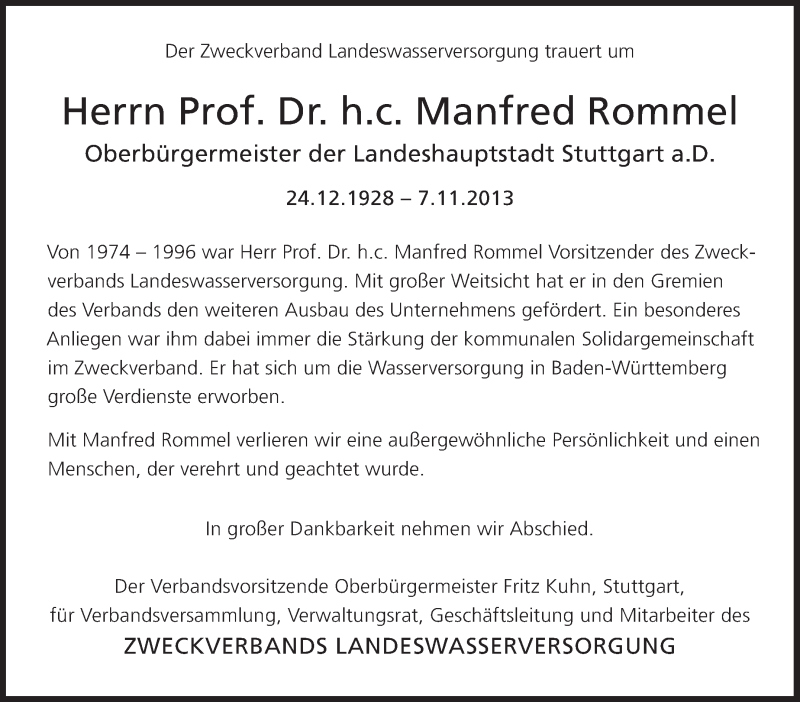  Traueranzeige für Manfred Rommel vom 12.11.2013 aus Stuttgarter Zeitung / Stuttgarter Nachrichten