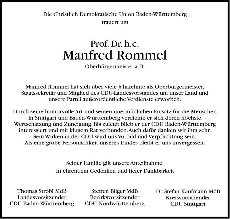  Traueranzeige für Manfred Rommel vom 11.11.2013 aus Stuttgarter Zeitung / Stuttgarter Nachrichten