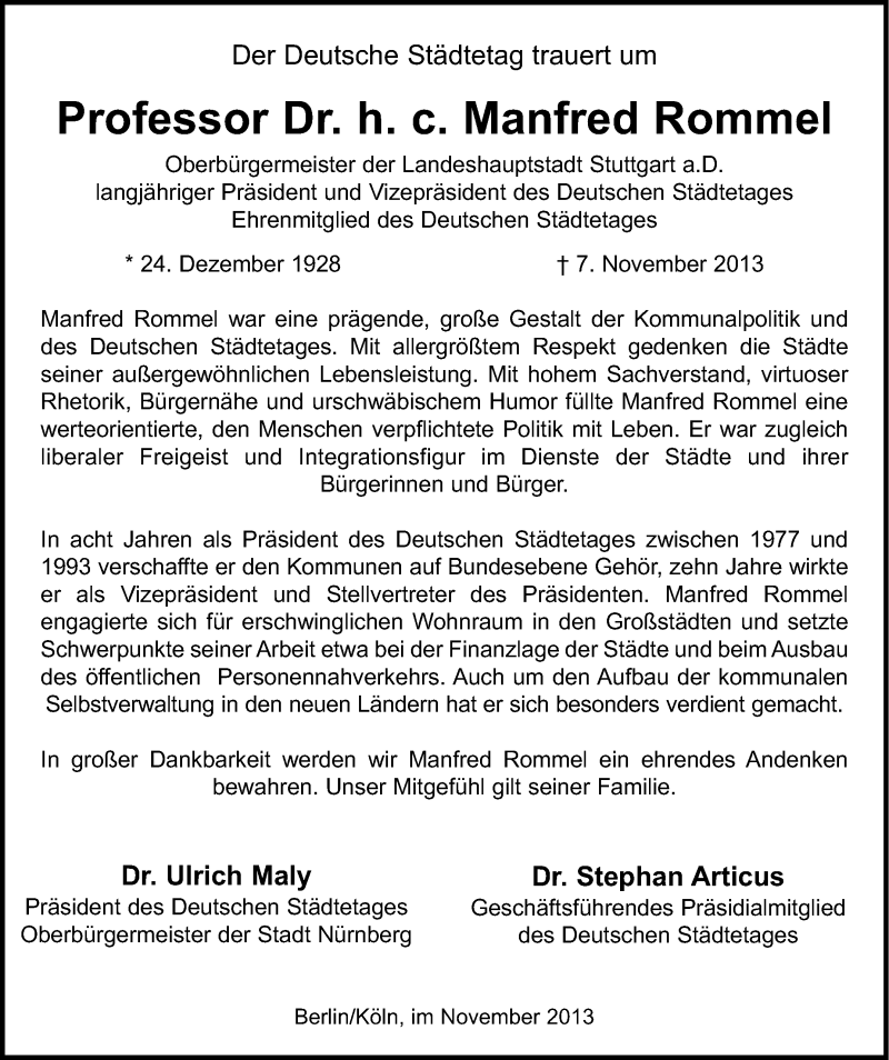  Traueranzeige für Manfred Rommel vom 12.11.2013 aus Stuttgarter Zeitung / Stuttgarter Nachrichten