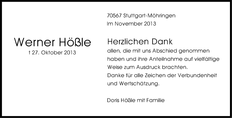  Traueranzeige für Werner Hößle vom 19.11.2013 aus Stuttgarter Zeitung / Stuttgarter Nachrichten