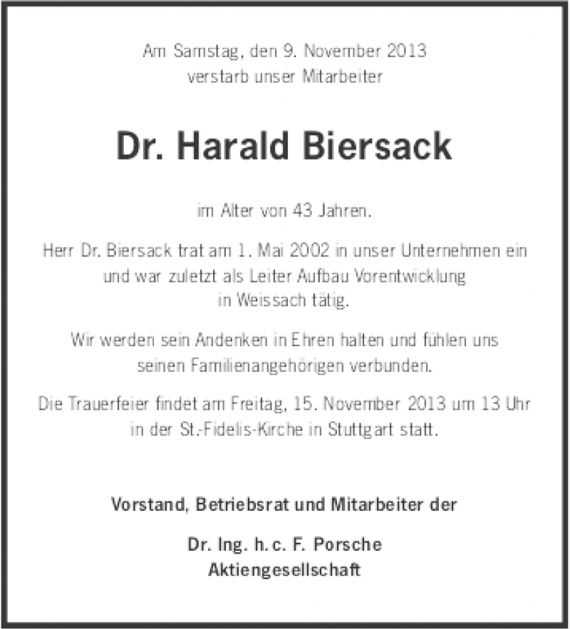  Traueranzeige für Harald Biersack vom 14.11.2013 aus Stuttgarter Zeitung / Stuttgarter Nachrichten