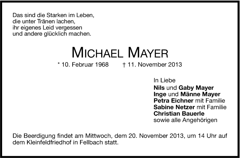  Traueranzeige für Michael Mayer vom 16.11.2013 aus Stuttgarter Zeitung / Stuttgarter Nachrichten