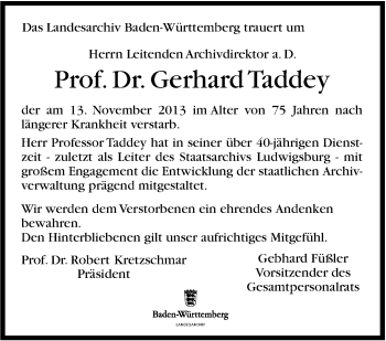 Traueranzeige von Gerhard Taddey von Marbacher Zeitung
