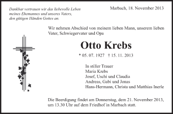 Traueranzeige von Otto Krebs von Marbacher Zeitung