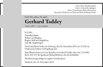 Traueranzeige von Gerhard Taddey von Marbacher Zeitung