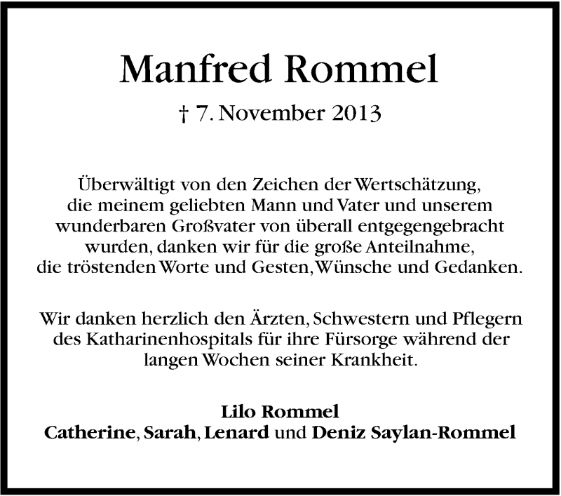  Traueranzeige für Manfred Rommel vom 20.11.2013 aus Stuttgarter Zeitung / Stuttgarter Nachrichten