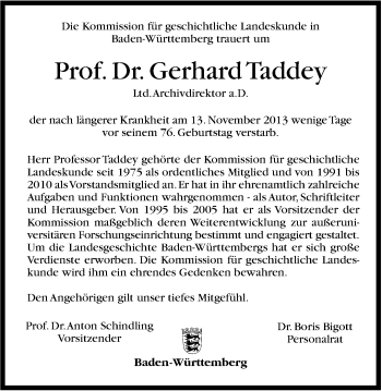 Traueranzeige von Gerhard Taddey von Marbacher Zeitung