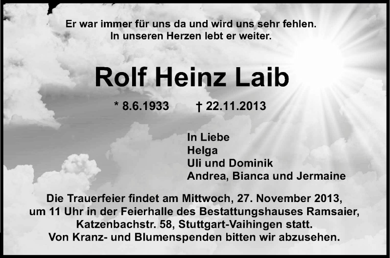  Traueranzeige für Rolf Heinz Laib vom 25.11.2013 aus Stuttgarter Zeitung / Stuttgarter Nachrichten