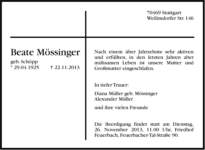  Traueranzeige für Beate Mössinger vom 25.11.2013 aus Stuttgarter Zeitung / Stuttgarter Nachrichten
