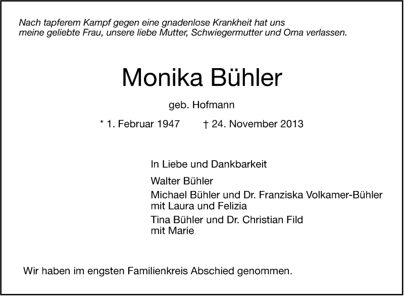  Traueranzeige für Monika Bühler vom 30.11.2013 aus Stuttgarter Zeitung / Stuttgarter Nachrichten