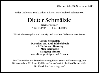 Traueranzeige von Dieter Schmälzle von Marbacher Zeitung