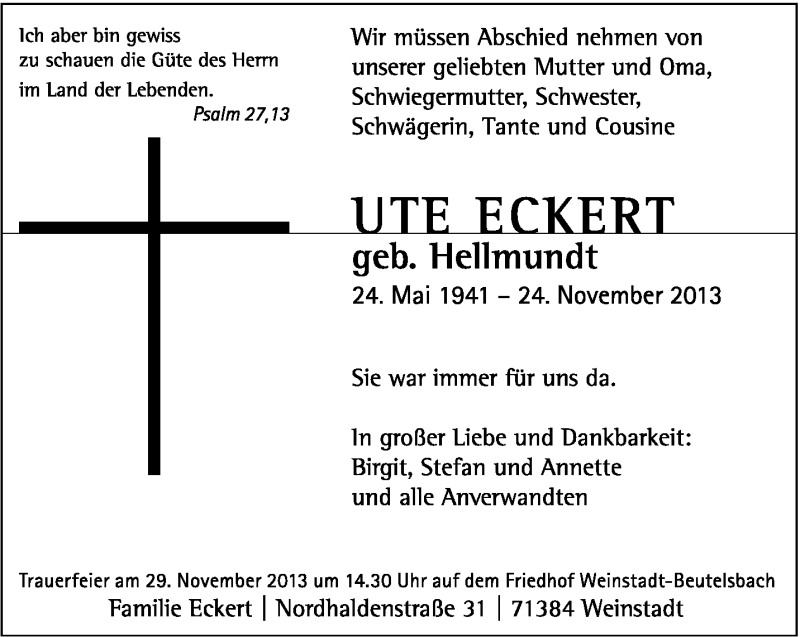  Traueranzeige für Ute Eckert vom 27.11.2013 aus Stuttgarter Zeitung / Stuttgarter Nachrichten