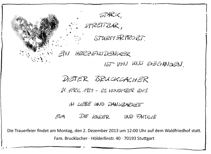  Traueranzeige für Dieter Brucklacher vom 27.11.2013 aus Stuttgarter Zeitung / Stuttgarter Nachrichten