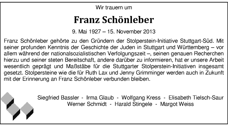  Traueranzeige für Franz Schönleber vom 30.11.2013 aus Stuttgarter Zeitung / Stuttgarter Nachrichten