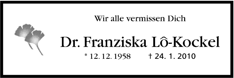  Traueranzeige für Franziska  Lo-Kockel vom 12.12.2013 aus Stuttgarter Zeitung / Stuttgarter Nachrichten