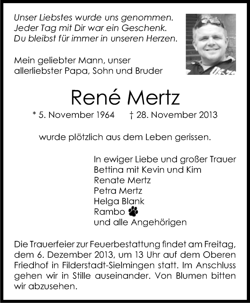  Traueranzeige für Rene Mertz vom 03.12.2013 aus Stuttgarter Zeitung / Stuttgarter Nachrichten