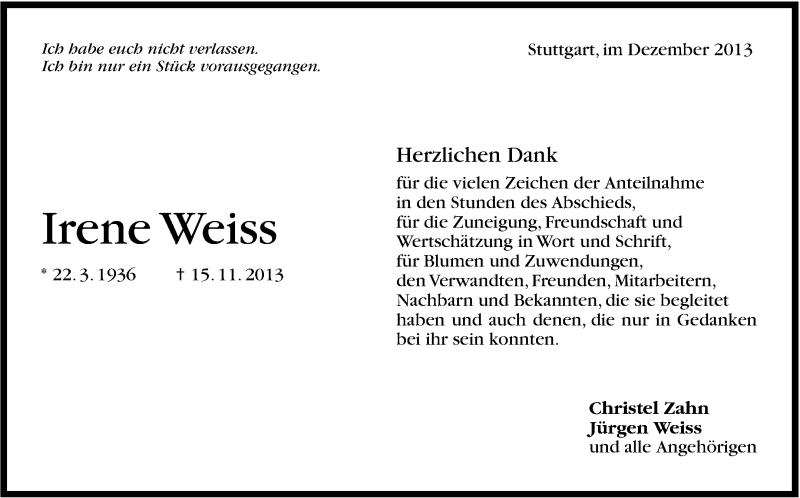  Traueranzeige für Irene Weiss vom 07.12.2013 aus Stuttgarter Zeitung / Stuttgarter Nachrichten
