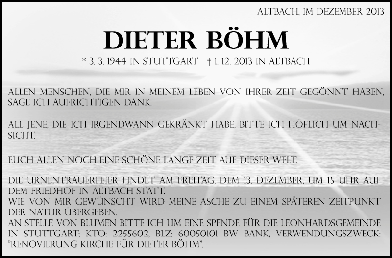  Traueranzeige für Dieter Böhm vom 10.12.2013 aus Stuttgarter Zeitung / Stuttgarter Nachrichten