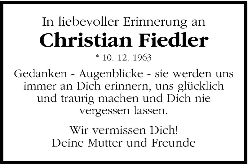  Traueranzeige für Christian Fiedler vom 10.12.2013 aus Stuttgarter Zeitung / Stuttgarter Nachrichten