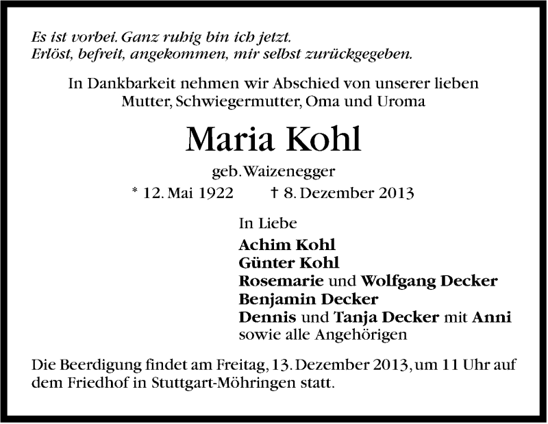  Traueranzeige für Maria Kohl vom 10.12.2013 aus Stuttgarter Zeitung / Stuttgarter Nachrichten